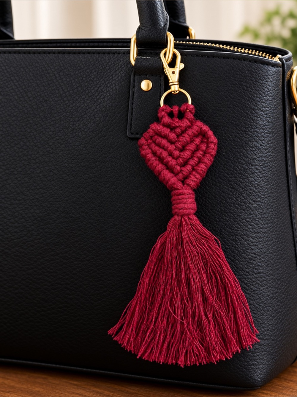 HANDCRAFTED Macrame Heart burgundy Bag Charm Keychain Bohemian Purse Jewelry NEW